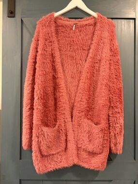 Free People Small Cardigan Sweater Dusty Pink Faux Fur Oversized Open Front